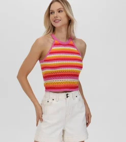 Tops^Frye Crochet Striped Halter Neck Tank Bleached Sand Combo