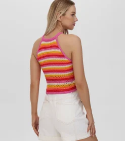 Tops^Frye Crochet Striped Halter Neck Tank Bleached Sand Combo