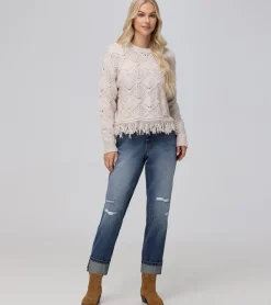 Tops^Frye Pointelle Fringe Pullover Oatmeal Heather