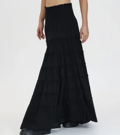 Bottoms^Frye Smocked Tiered Maxi Skirt Black Beauty