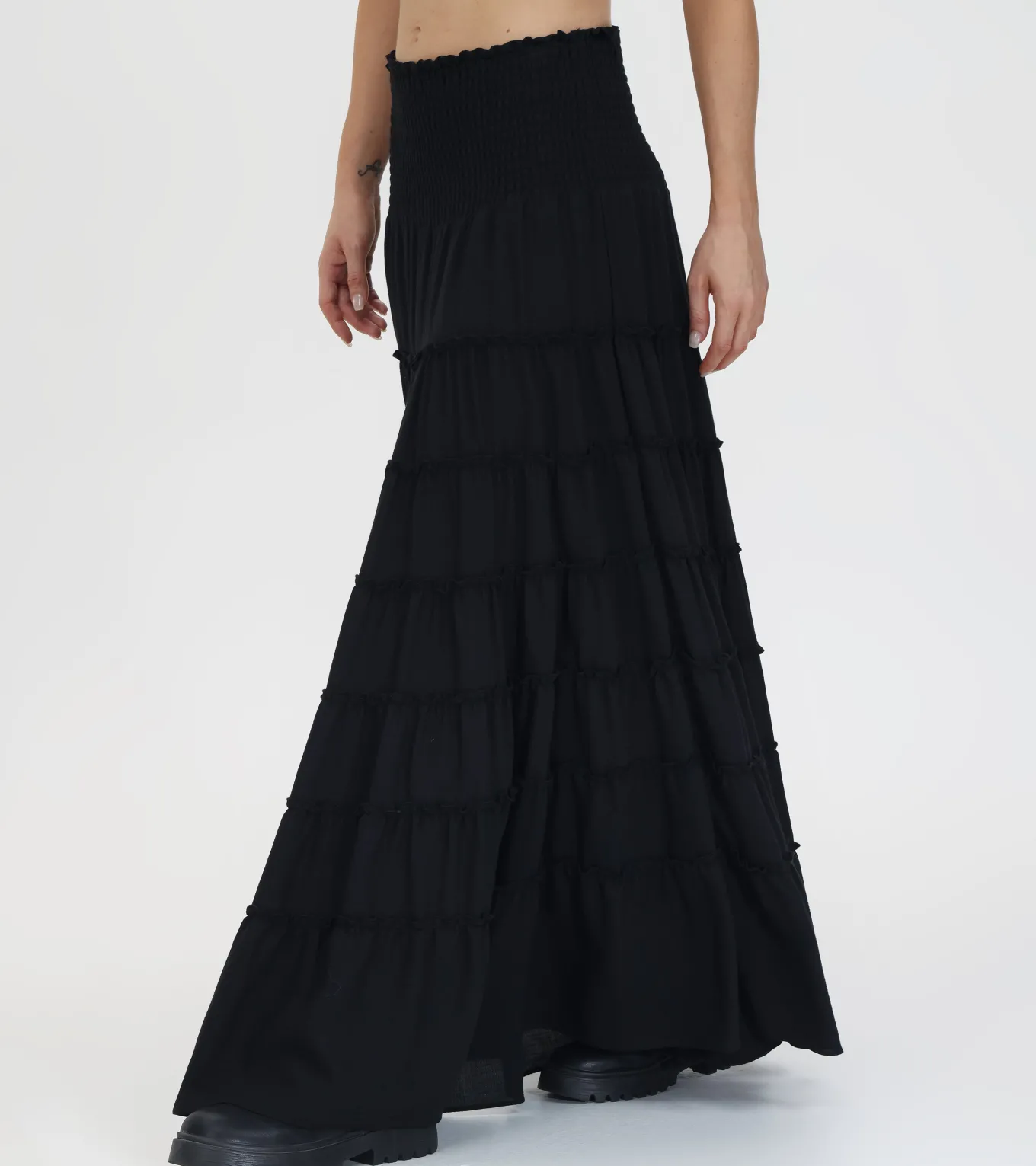 Bottoms^Frye Smocked Tiered Maxi Skirt Black Beauty