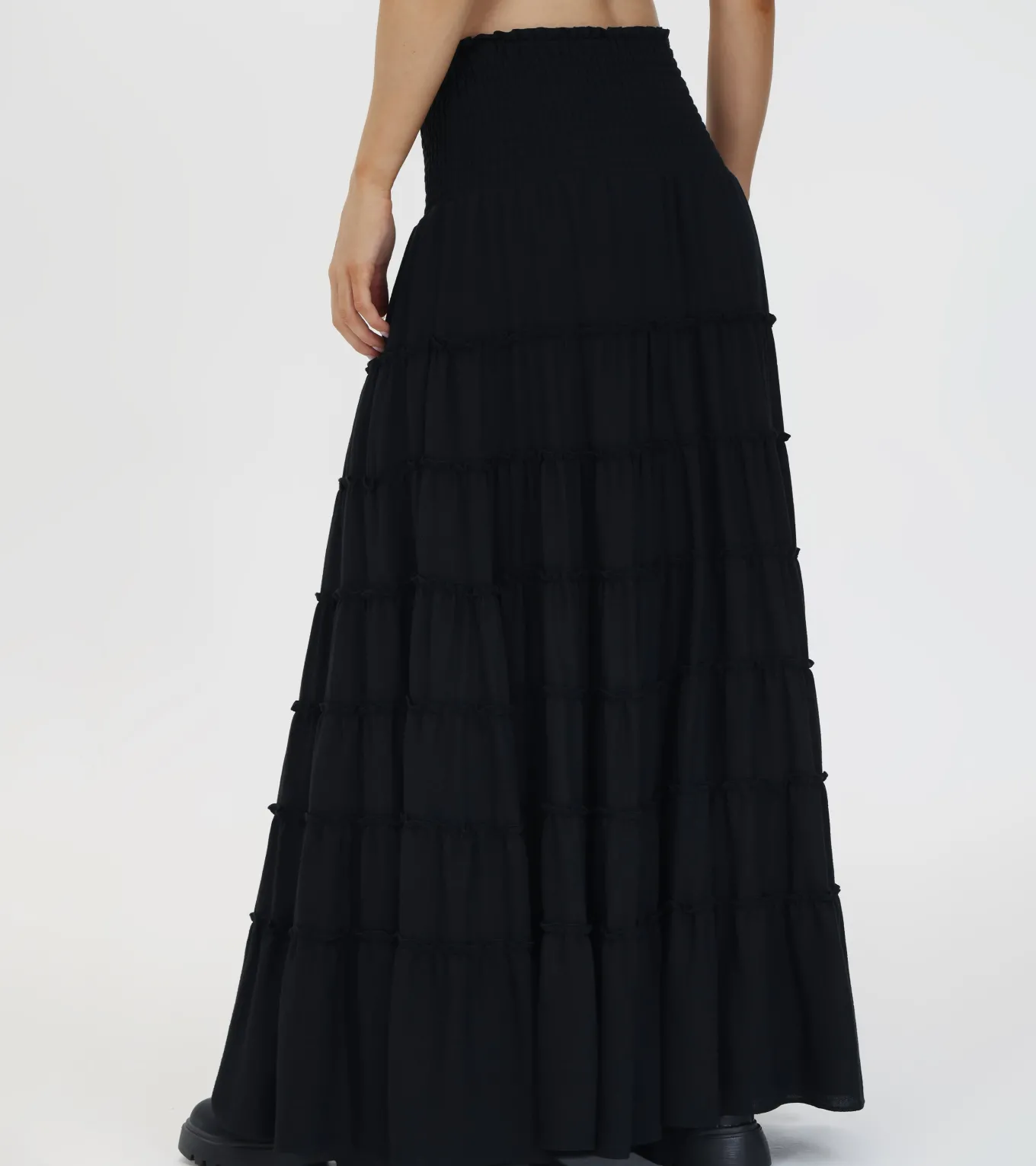 Bottoms^Frye Smocked Tiered Maxi Skirt Black Beauty